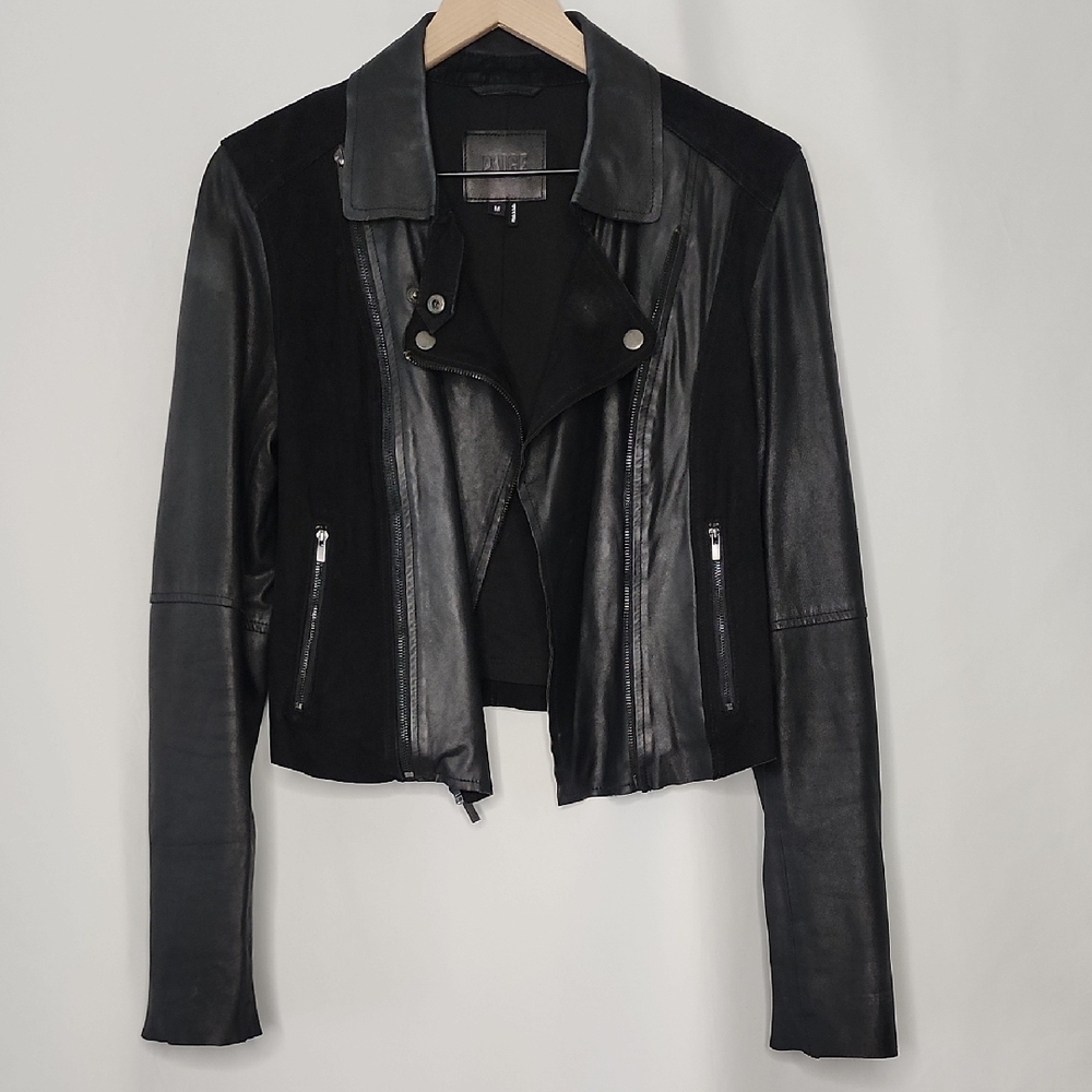 PAIGE Black Leather Jacket with Suede And Zipper Details Size Medium